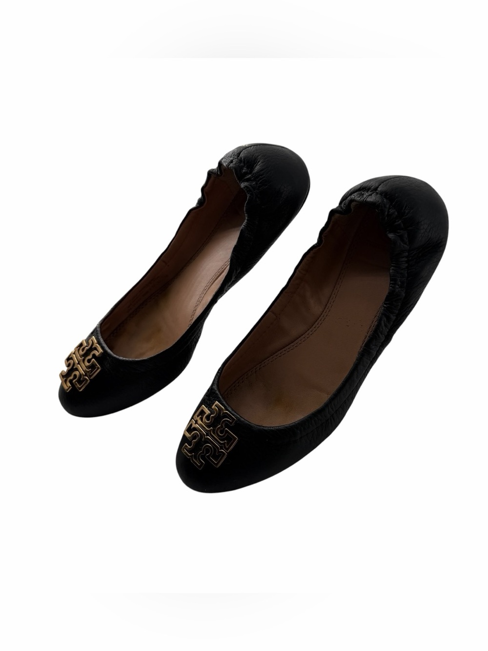Tory Burch Black Leather Ballet Flats with Gold Logo Medallion Versatile Size 7 - Picture 3 of 10
